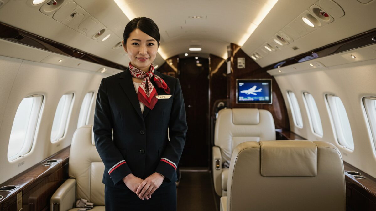 JALの客室乗務員の雰囲気を再現し、高級感のあるプライベートジェットの機内と調和するデザイン